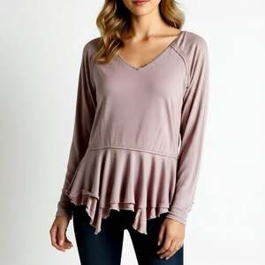 We The Free Tangerine Tee in Mauve Ribbed Peplum Long Sleeve Top